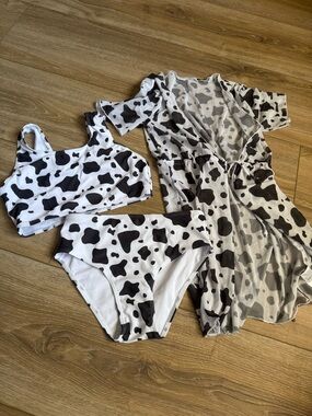 Kid girls Black & White Cow Print bikini Two-Piece Swimsuit sheer coverup Set